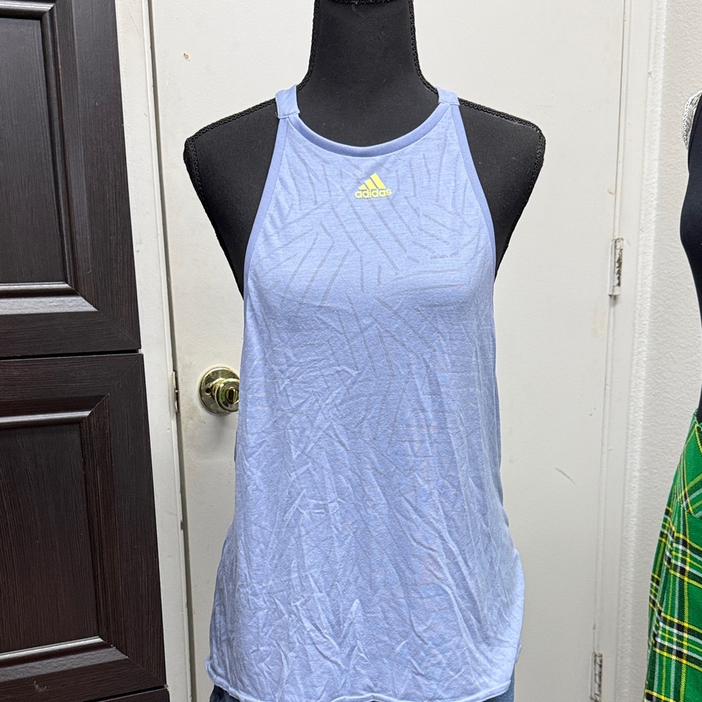 adidas Light Blue Racerback Athletic Tank with Yellow Logo